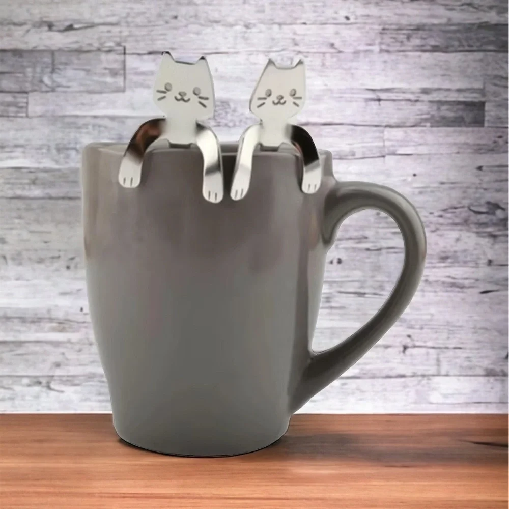 Cat Spoons Tea Spoons Stirrers Cup Hugging Kitty Cats Stainless Black 2 PC Set